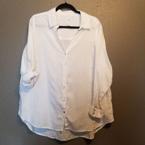 Sigrid Olsen 1X Top White 100% Linen Button Front V Neck Beach Coastal Lagenlook - Picture 1 of 9